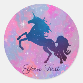 Pretty Custom Text Pink/Purple Galaxy Unicorn Classic Round Sticker