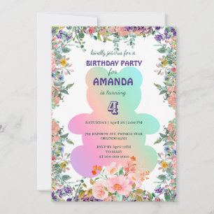 Pretty cute Bear flora gradient  Birthday Party Invitation