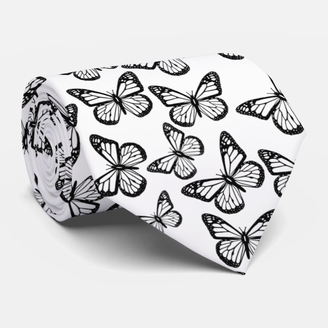  Pretty Cute Elegant Black White Butterfly Pattern Tie (Rolled)