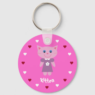 Pretty & Cute Kitten & Hearts Customisable Pink Key Ring