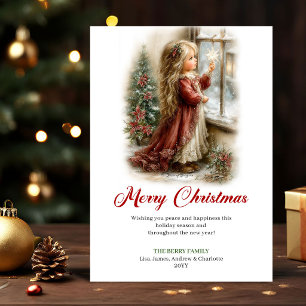 Pretty Cute Little Girl Christmas Scene Greeting Holiday Card