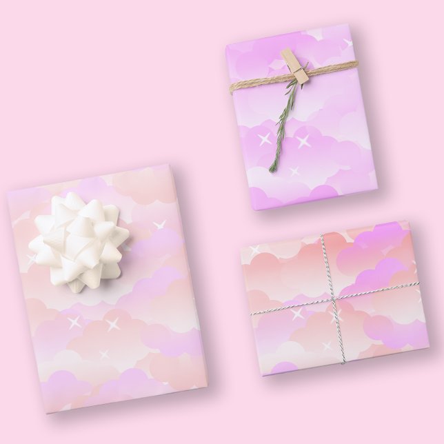 Pretty Cute Pastel Pink Aesthetic Cloud Stars Wrapping Paper Sheet (Creator Uploaded)