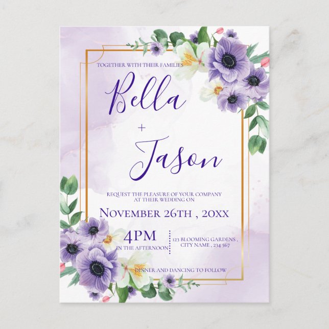 Pretty Cute Purple White Floral Gold Frame Wedding Invitation Postcard (Front)