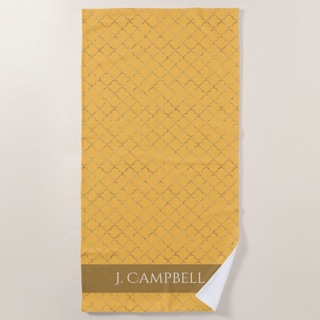 Pretty Daffodil  Gold Quatrefoil Personalised  Beach Towel (Front)