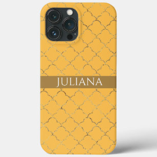Pretty Daffodil Gold Quatrefoil Personalised iPhone 13 Pro Max Case