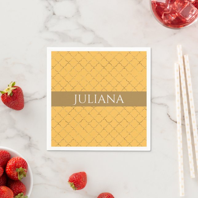 Pretty Daffodil  Gold Quatrefoil Personalised  Napkin (Insitu)