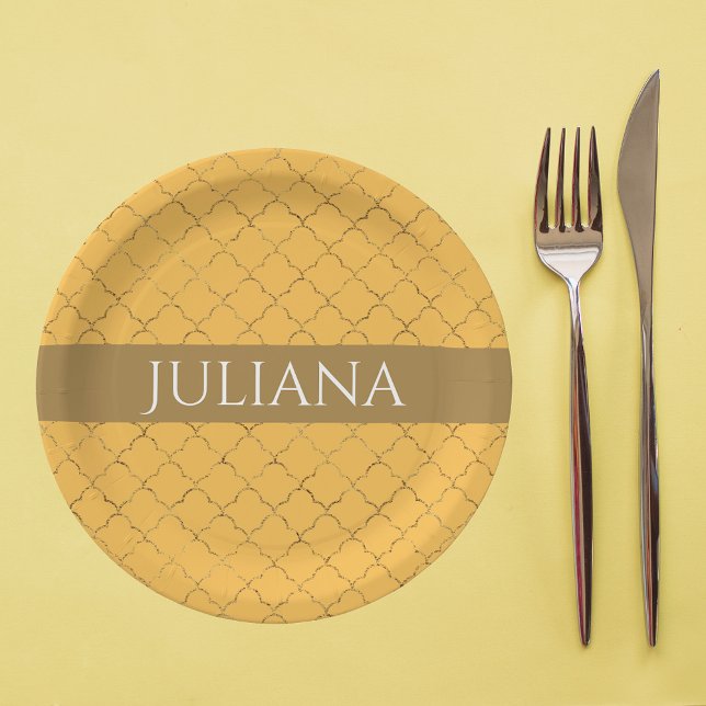 Pretty Daffodil  Gold Quatrefoil Personalised  Paper Plate (Creator Uploaded)