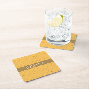 Pretty Daffodil  Gold Quatrefoil Personalised  Square Paper Coaster