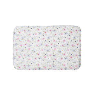Pretty Dainty Pink Blue Flowers Floral Pattern Bath Mat