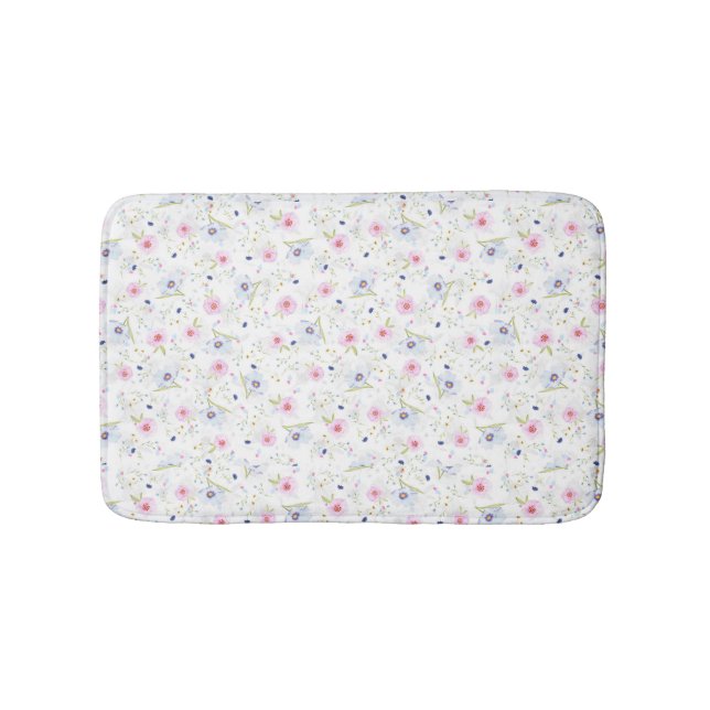 Pretty Dainty Pink Blue Flowers Floral Pattern Bath Mat (Front)