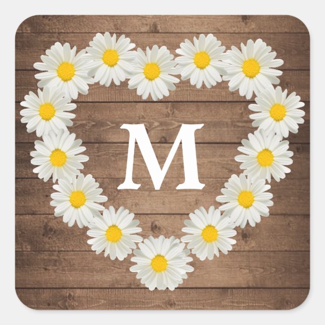 Pretty Daisies Monogram Wedding Rustic Wood Square Sticker (Front)