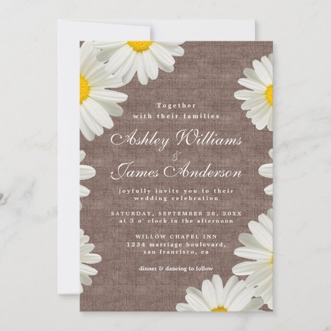 Pretty Daisies White Floral Rustic Linen Wedding Invitation (Front)