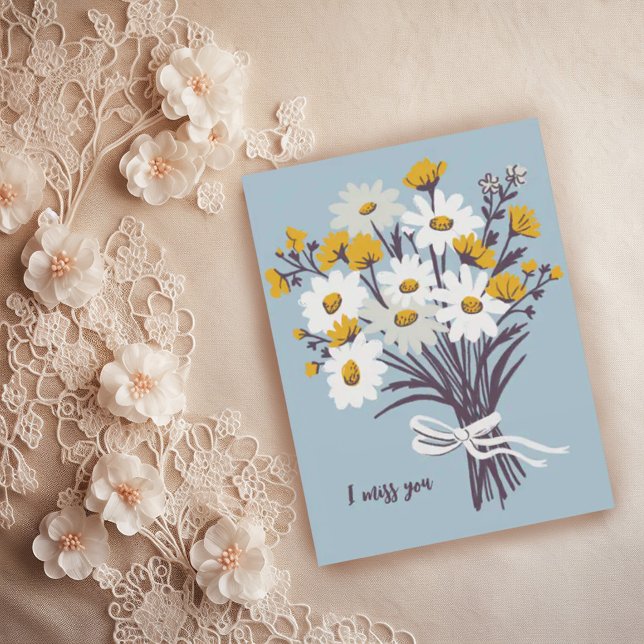 Pretty Daisy Bouquet I MISS YOU Sweet CUSTOM Postcard (Customize this sweet retro postcard with hand drawn daisy bouquet. missing you!)