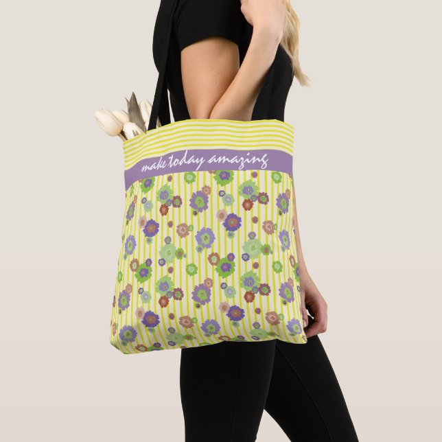 Pretty Daisy Floral Personalised Yellow Pattern Tote Bag (Close Up)