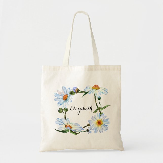 Pretty Daisy Monogram name Floral Flower Tote Bag (Front)
