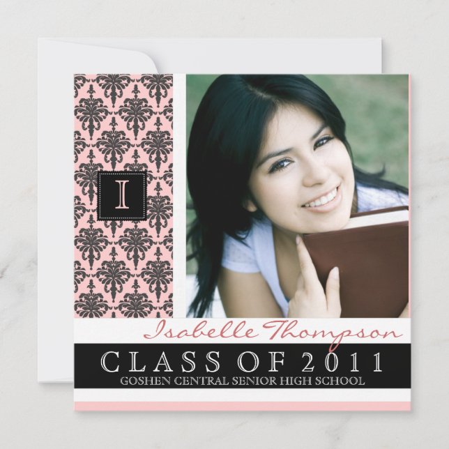 Pretty Damask Graduation Announcement Monogram (Front)