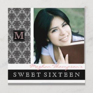 Pretty Damask Monogram Sweet 16 Party Invitation