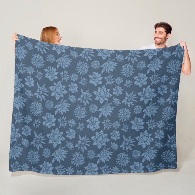 Pretty Dark Blue Floral Pattern Fleece Blanket (In Situ)