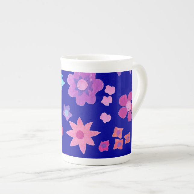 Pretty Dark Blue Flower-Power Bone China Mug (Front Right)