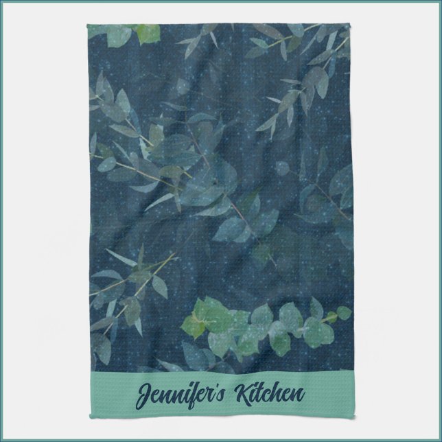 Pretty Dark Blue & Teal Green Leaves  Tea Towel (Creator Uploaded)