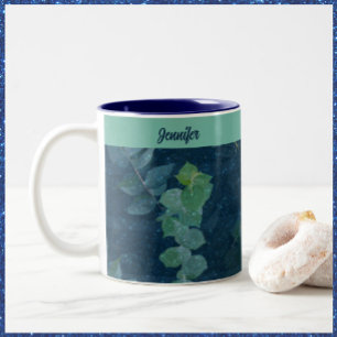 Pretty Dark Blue & Teal Green Leaves Two-Tone Coffee Mug