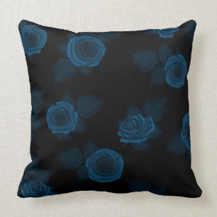 Pretty Dark Blue Teal Roses Over Black Cushion
