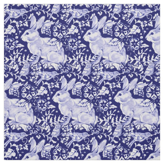 Pretty Dark Blue & White Rabbit Bird Dedham Delft Fabric (Swatch)
