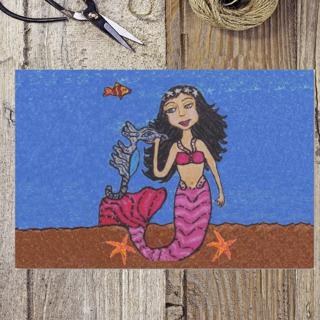 Pretty Dark Haired Mermaid Seahorse Fish Tissue Paper (Mermaid pink tail with seahorse and starfish under ocean on wrapping tissue paper.)