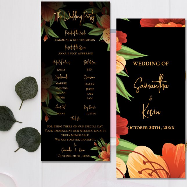 Pretty Dark Moody Orange Floral Wedding Program Invitation (Pretty Dark Moody Orange Floral Wedding Program)