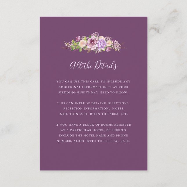 Pretty Dark Purple Flowers | Wedding Guest Details Enclosure Card (Front)
