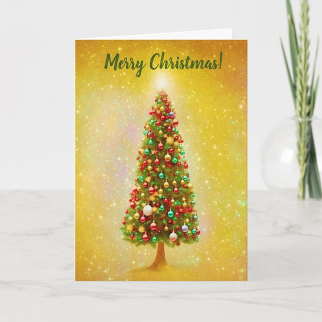 Pretty Decorated Christmas Tree Gold Light Holiday Card (Front)