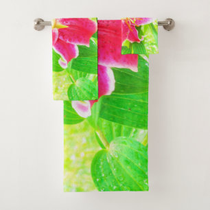 Pretty Deep Pink Stargazer Lily on Lime Green Bath Towel Set