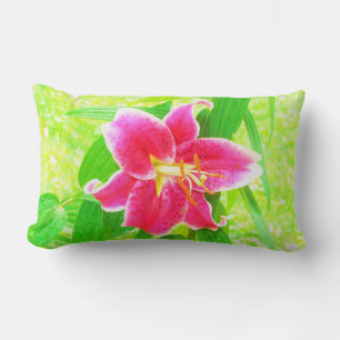Pretty Deep Pink Stargazer Lily on Lime Green Lumbar Cushion
