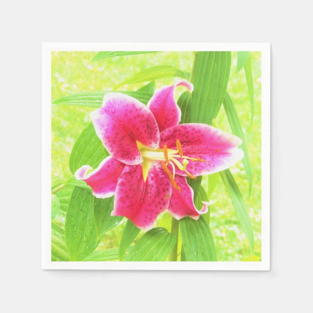 Pretty Deep Pink Stargazer Lily on Lime Green Napkin (Front)