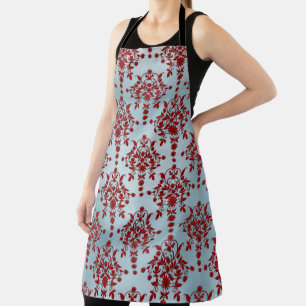 Pretty Deep Red Damask Style Pattern on Teal Blue Apron