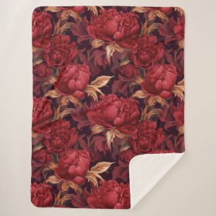 Pretty deep red peonies sherpa blanket