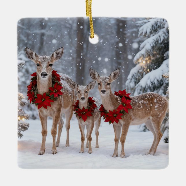 Pretty Deer Family Wreath Tree Ceramic Ornament (Front)