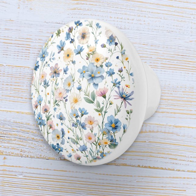 Pretty Delicate Botanical Floral Ceramic Knob (A drawer pull knob in white with elegant floral design in rustic country farmhouse style)
