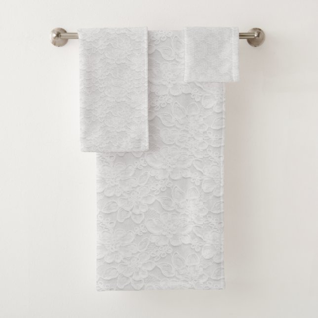Pretty Delicate Lace Look Floral White Bath Towel Set (Insitu)