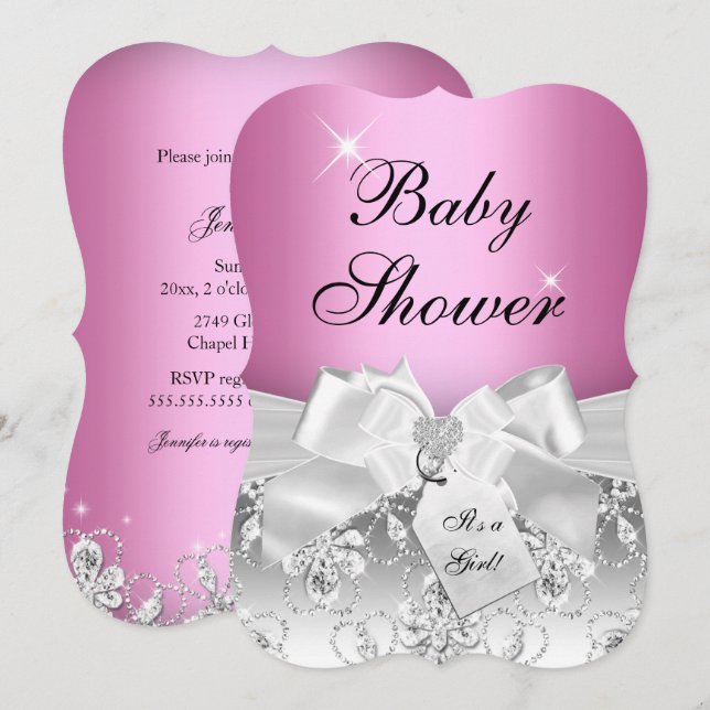 Pretty Diamond Bow Pink Baby Shower Invite (Front/Back)