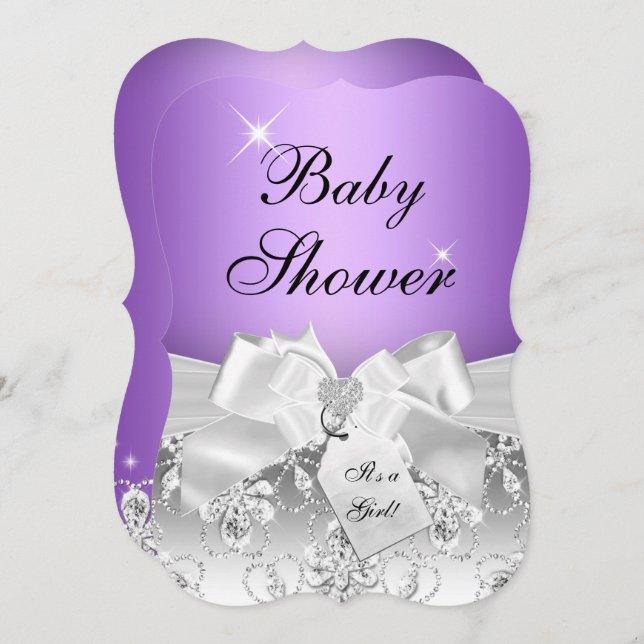 Pretty Diamond Bow Purple Baby Shower Invite (Front/Back)