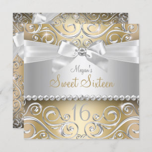 Pretty Diamond bow & Sparkle Swirl Gold Sweet 16 Invitation