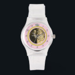 Pretty Diamond Wedding Ring with Photo on Pink<br><div class="desc">This elegant custom watch has a diamond wedding ring look. The gold band forms a circle with silver clock numbers around the outside, the "12" replaced by the image of a diamond. It all stands out boldly on a pink background (see colour variations under "Weddings" in our store), which has...</div>
