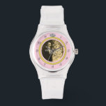 Pretty Diamond Wedding Ring with Photo on Pink Watch<br><div class="desc">This elegant custom watch has a diamond wedding ring look. The gold band forms a circle with silver clock numbers around the outside, the "12" replaced by the image of a diamond. It all stands out boldly on a pink background (see colour variations under "Weddings" in our store), which has...</div>