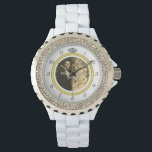 Pretty Diamond Wedding Ring with Photo on White Watch<br><div class="desc">This elegant custom watch has a diamond wedding ring look. The gold band forms a circle with silver clock numbers around the outside, the "12" replaced by the image of a diamond. It all stands out boldly on a white background (see colour variations under "Weddings" in our store), which has...</div>