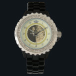 Pretty Diamond Wedding Ring with Photo on Yellow Watch<br><div class="desc">This elegant custom watch has a diamond wedding ring look. The gold band forms a circle with silver clock numbers around the outside, the "12" replaced by the image of a diamond. It all stands out boldly on a light yellow background (see colour variations under "Weddings" in our store), which...</div>