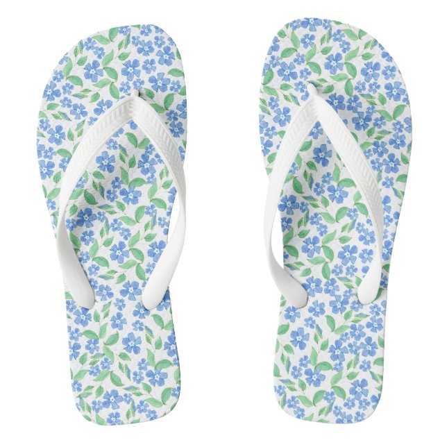 Pretty Ditsy Blue Green White Periwinkle Flowers Jandals (Footbed)