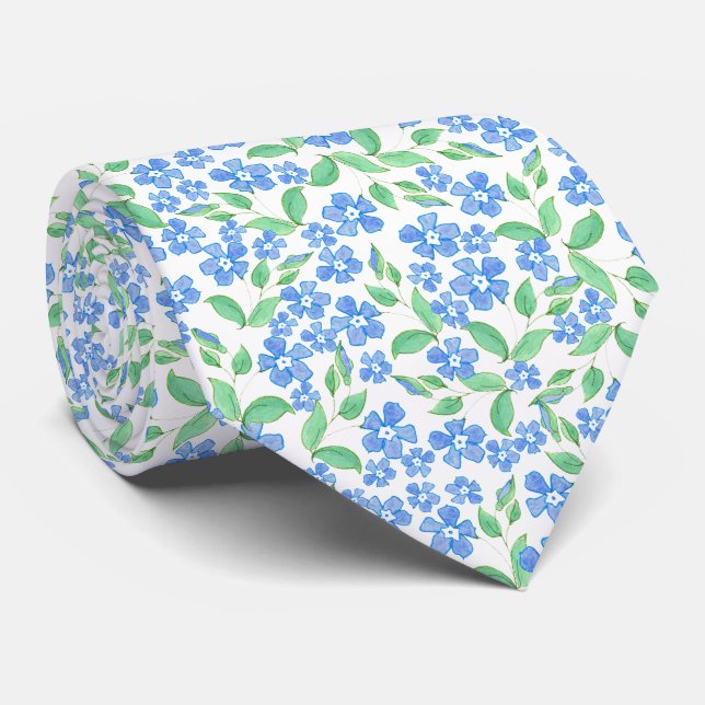 Pretty Ditsy Blue Green White Periwinkle Flowers Tie (Rolled)