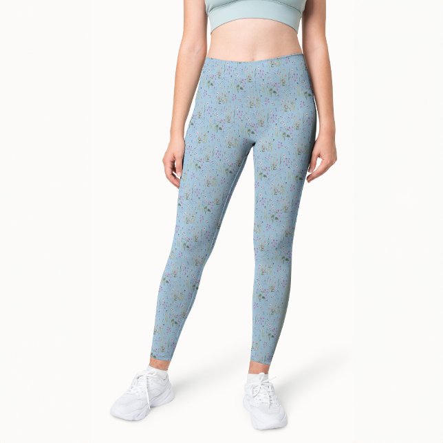 Pretty Ditsy FLoral Blue Pattern Watercolor  Leggings (Pretty Light Blue Ditsy FLoral Watercolor Pattern printed leggings)