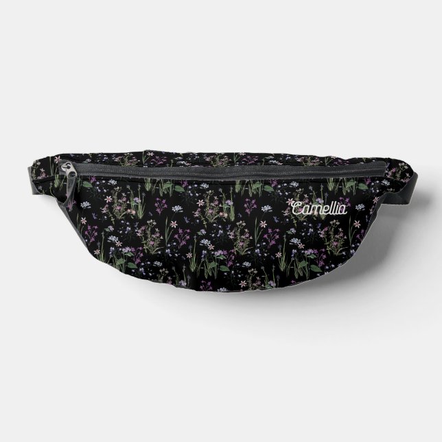 Pretty Ditsy FLoral Pattern Black Violet Name Bum Bags (Lay Down)